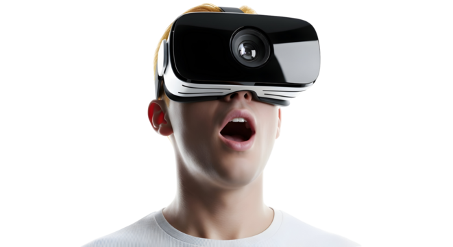 Man experiences virtual reality with an open mouth and surprised expression wearing a VR headset