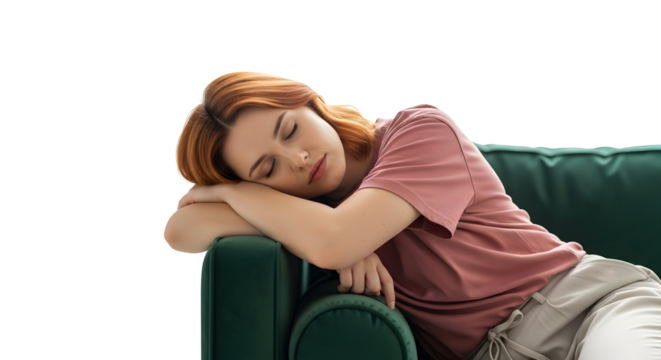 A young woman rests peacefully on a plush emerald green sofa, enjoying a moment of quiet repose