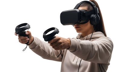 Young woman experiencing virtual reality with headphones and controllers against a white background
