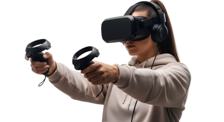 Young woman experiencing virtual reality with headphones and controllers against a white background