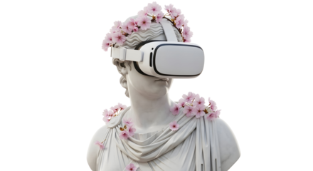 A classical statue wearing a virtual reality headset adorned with delicate pink flowers, blending ancient artistry with modern technology
