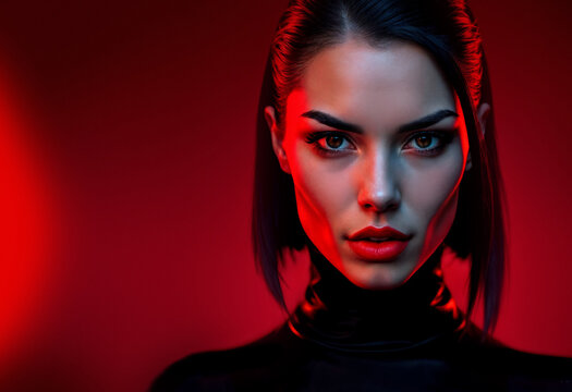 Model poses with striking makeup and bold expression against a vibrant red and purple background