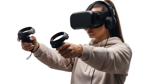 Young woman experiencing virtual reality with headphones and controllers against a white background