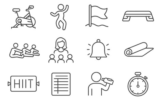 Fitness Class Icons. Line style icons of group fitness classes: spin bike, Zumba dance, bootcamp flag, aerobic step; group