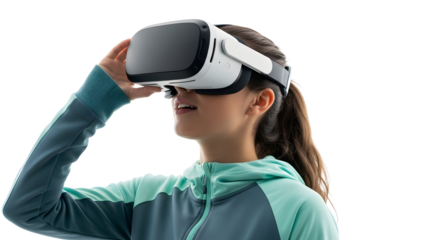 Excited woman wearing virtual reality headset in fitness gear, enjoying an immersive digital experience