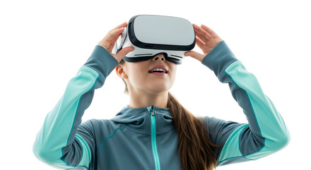 Woman in VR headset experiencing virtual reality, joy and excitement on white background