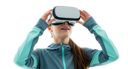Woman in VR headset experiencing virtual reality, joy and excitement on white background