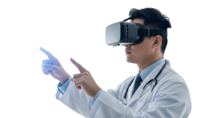 Doctor using virtual reality headset to interact with digital medical data for advanced healthcare solutions