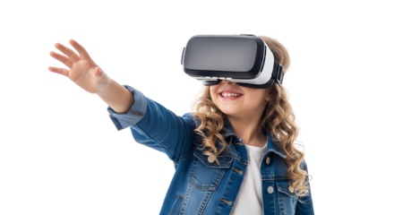 Happy young girl wearing virtual reality headset, reaching out her hand for an immersive gaming experience