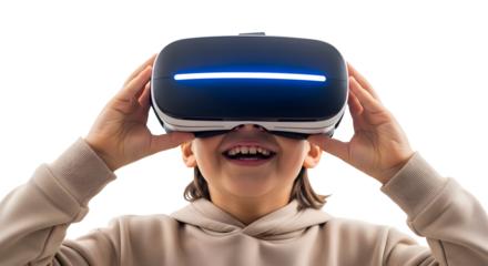 A smiling child experiences virtual reality with a cutting-edge headset on a white background