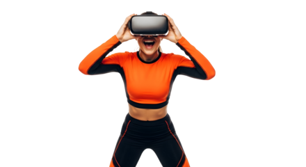 Excited young woman wearing virtual reality headset, smiling widely, enjoying an immersive digital experience