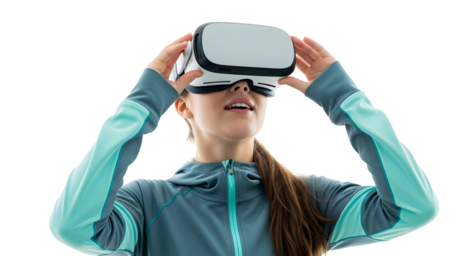 Woman in VR headset experiencing virtual reality, joy and excitement on white background