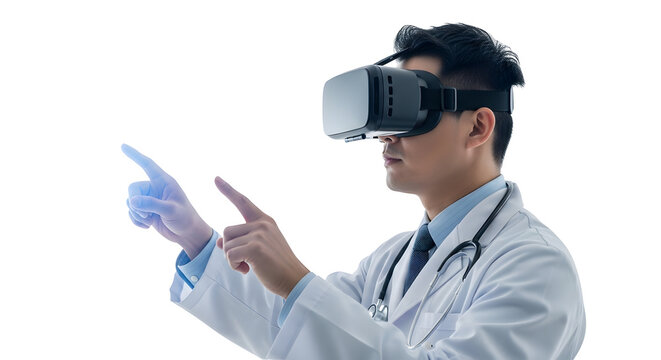 Doctor using virtual reality headset to interact with digital medical data for advanced healthcare solutions