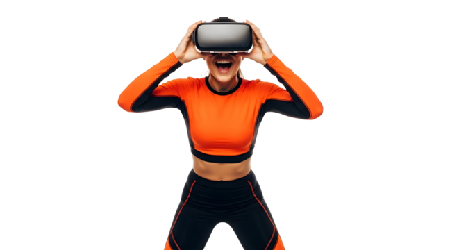 Excited young woman wearing virtual reality headset, smiling widely, enjoying an immersive digital experience