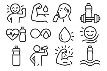 Hydration and Performance Icons. Line style icons of hydration and physical performance: energy after hydration, muscle and water,