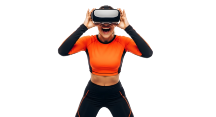 Happy woman wearing a VR headset for virtual reality gaming or fitness, isolated on white background