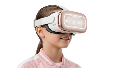 Young girl experiencing virtual reality technology with a VR headset, exploring digital worlds