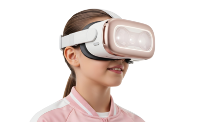 Young girl experiencing virtual reality technology with a VR headset, exploring digital worlds