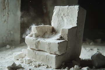 White Concrete Chair Sculpture Crumbling in Abandoned Room Interior, Dust Particles Floating Around