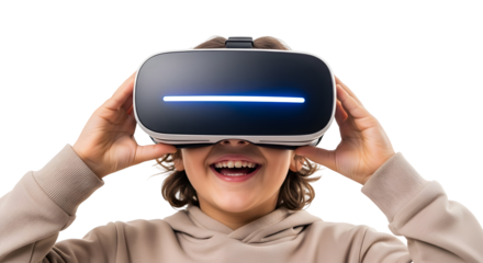 Excited couple experiencing virtual reality with VR headsets on white background