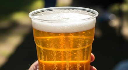 Refreshing Beer in Plastic Cup on Sunny Day.