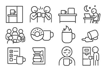 Office Coffee Icons. Line style icons of office coffee life: cubicle with mug, coworker cheers, desk with cup, late night work;