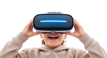 Excited young person wearing a virtual reality headset, immersed in an interactive digital experience
