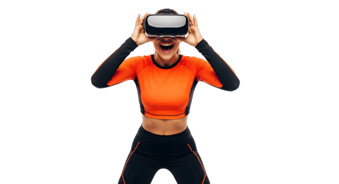Happy woman wearing a VR headset for virtual reality gaming or fitness, isolated on white background