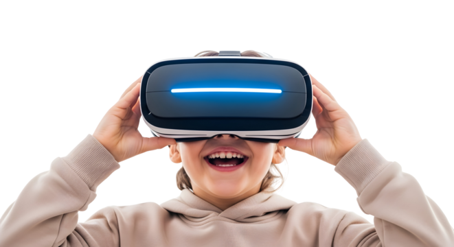 Excited young person wearing a virtual reality headset, immersed in an interactive digital experience