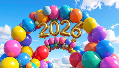 Colorful Balloon Archway with "2026" Foil Balloons Against a Blue Sky, Festive Balloon Decoration with the Year 2026 Against a Bright Sky