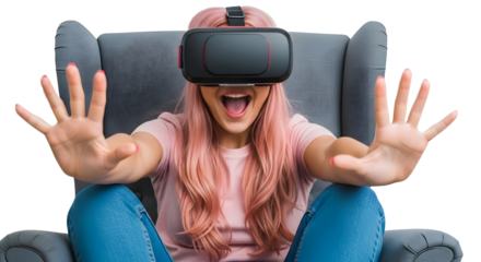 Young Woman Experiencing Thrilling Virtual Reality Adventure with Advanced Headset Technology and Interactive Engagement