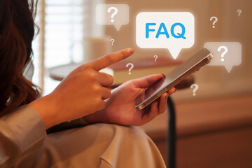 Adult Asian woman hands touching mobile phone screen searching information online frequently asked questions digital support using app for solutions help guide