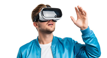 A young man wearing a virtual reality headset, fully immersed in an interactive digital experience, exploring futuristic simulated worlds with advanced technology