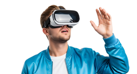 A young man wearing a virtual reality headset, fully immersed in an interactive digital experience, exploring futuristic simulated worlds with advanced technology