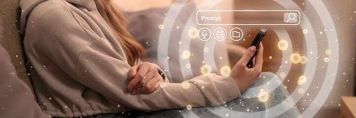 Young woman using smartphone generative artificial intelligence prompt search for creative ideas digital information access system home environment modern technology connection