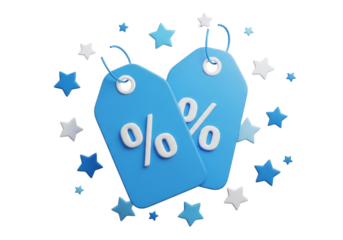 Two blue discount tags with percentage sign isolated on transparent background