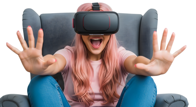 Young Woman Experiencing Thrilling Virtual Reality Adventure with Advanced Headset Technology and Interactive Engagement