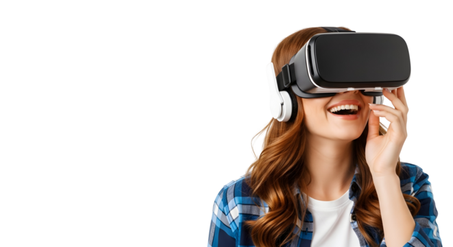 Joyful young woman exploring immersive virtual reality worlds, experiencing advanced digital technology with a wide smile and engaging headset