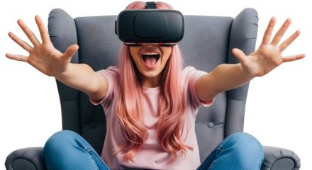 Thrilled young woman with vibrant pink hair enjoying an immersive virtual reality experience, her hands outstretched in surprise and interaction within a digital world