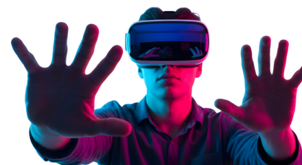 Man exploring a dynamic virtual reality world, his outstretched hands interacting with an immersive digital environment, bathed in vibrant neon light