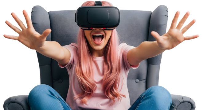 Thrilled young woman with vibrant pink hair enjoying an immersive virtual reality experience, her hands outstretched in surprise and interaction within a digital world