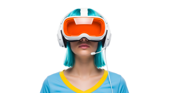 Young individual exploring a captivating digital realm through an advanced virtual reality headset, symbolizing immersive future technologies and boundless cyber experiences