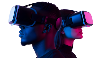 Exploring immersive virtual realms Two individuals connect with cutting-edge technology, experiencing the digital future through advanced reality headsets