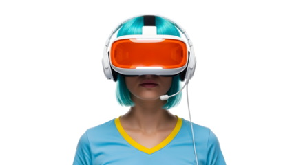Engaged user with stylish blue hair exploring new digital frontiers through a sleek VR headset, experiencing a futuristic blend of realities and interactive innovation