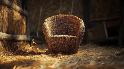 Wicker Armchair in Rustic Hay Shed, Farmhouse Interior, Rural Aesthetic, Warm Light