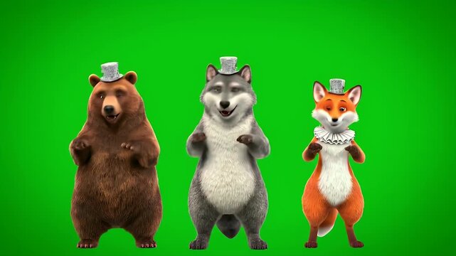 Three Animated Forest Animals with Top Hats on Green Screen Background