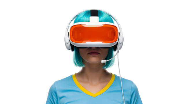 Engaged user with stylish blue hair exploring new digital frontiers through a sleek VR headset, experiencing a futuristic blend of realities and interactive innovation