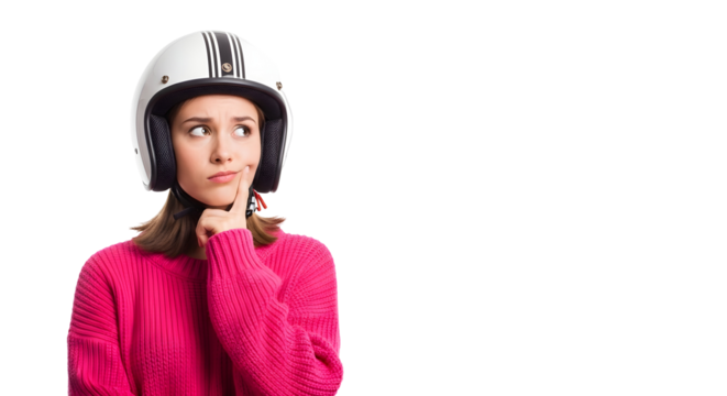 Young woman in a stylish retro helmet, her brow furrowed in deep thought, contemplating a decision or a new idea, isolated on a clean white background, showcasing a moment of intellectual curiosity