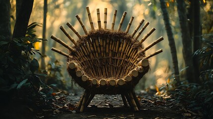 Woven Bamboo Chair in Forest Clearing Rustic Handmade Furniture Outdoors