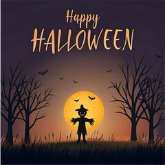 Scarecrow silhouette against full moon on halloween night